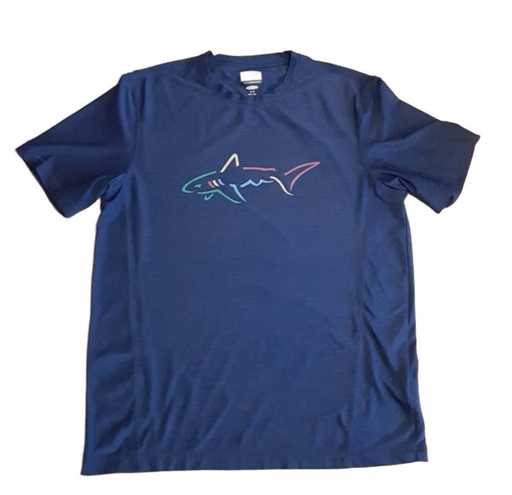 Greg Norman Men's Navy Blue T-Shirt with Colorful Outline Shark Logo